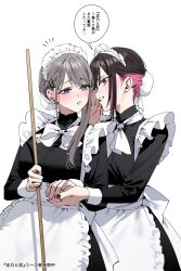2girls apron black_dress black_hair black_nails blue_eyes blush breasts bun_cover chigusa_minori colored_inner_hair commentary_request dress gradient_nails grey_hair highres holding_hands large_breasts long_hair long_sleeves maid maid_apron maid_day maid_headdress multicolored_hair multiple_girls nail_polish open_mouth pink_hair purple_eyes purple_nails saotome_shino_(shino_to_ren) shino_to_ren shirayuki_ren simple_background single_sidelock translation_request whispering_in_ear white_apron white_background yuri