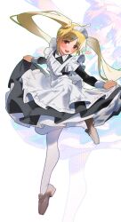 1girl absurdres ahoge apron black_dress blonde_hair blush bocchi_the_rock! detached_ahoge dress floating floating_hair full_body grey_shoes highres ijichi_nijika leg_up long_hair long_sleeves looking_at_viewer maid_apron maid_headdress open_mouth pantyhose parted_bangs red_eyes shoes side_ponytail simple_background skirt_hold smile sofa_(enogunomu) solo teeth twitter_username very_long_hair white_apron white_background white_pantyhose zoom_layer
