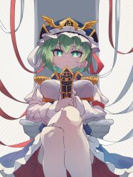 1girl blue_hat breasts commentary crossed_legs epaulettes frilled_hat frills green_eyes green_hair hat highres holding juliet_sleeves long_sleeves looking_at_viewer puffy_sleeves rod_of_remorse ryouryou shiki_eiki simple_background sitting solo touhou