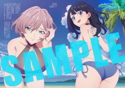2girls ass back bikini black_hair blue_bikini blue_eyes breasts cleavage copyright_name gridman_universe large_breasts looking_at_viewer looking_back mujina multiple_girls official_art pink_hair purple_bikini sample_watermark short_hair side-tie_bikini_bottom smile ssss.dynazenon ssss.gridman swimsuit takarada_rikka thick_thighs thighs thong_bikini watermark whale_tail_(clothing) white_bikini wide_hips