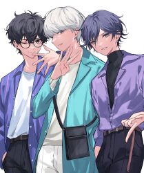 3boys absurdres alternate_costume amamiya_ren bag belt black_bag black_hair black_pants black_undershirt blue_shirt brown_belt casual closed_mouth collared_shirt earrings glasses grey_eyes grey_hair grin hair_between_eyes hand_in_pocket highres jewelry long_sleeves looking_at_viewer male_focus mnce_o multiple_boys narukami_yu one_eye_closed open_clothes open_shirt pants partially_unbuttoned persona persona_1 persona_4 persona_5 purple_eyes purple_shirt shirt shirt_tucked_in short_hair shoulder_bag simple_background smile striped_clothes striped_shirt toudou_naoya turtleneck white_background white_pants white_undershirt