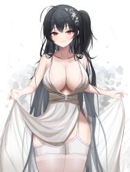 1girl absurdres ahoge azur_lane black_hair breasts center_opening cleavage cocktail_dress cowboy_shot dress evening_gown flower garter_straps hair_between_eyes hair_ornament highres hoangryu large_breasts long_hair looking_at_viewer loose_hair_strand official_alternate_costume plunging_neckline red_eyes simple_background sleeveless sleeveless_dress solo taihou_(azur_lane) taihou_(temptation_on_the_sea_breeze)_(azur_lane) thighhighs very_long_hair white_background white_dress white_flower white_garter_straps white_thighhighs