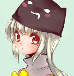Rule 34 | 1girl, blue background, blush, commentary request, deviruchi hat, dress, grey dress, grey hair, hat, high priest (ragnarok online), highres, long hair, looking at viewer, looking to the side, open mouth, portrait, ragnarok online, red eyes, shirokuro (erisnoa), simple background, solo, triangle mouth, v-shaped eyebrows
