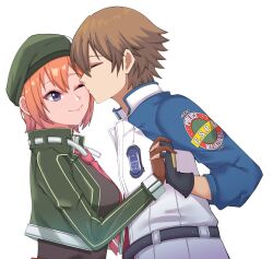 1boy 1girl absurdres ao_no_kiseki black_gloves breasts brown_gloves brown_hair closed_eyes commentary commission cropped_jacket double-parted_bangs eiyuu_densetsu english_commentary fingerless_gloves from_side gloves hair_between_eyes highres holding_hands jacket kim_kim kiss lloyd_bannings medium_breasts necktie noel_seeker orange_hair pink_necktie second-party_source short_hair simple_background smile upper_body white_background zero_no_kiseki