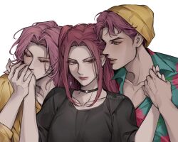 Rule 34 | 1girl, 2boys, abby (kpop demon hunters), black shirt, choker, closed eyes, closed mouth, commentary, eyelashes, eyeshadow, hat, highres, holding hands, k eys, kiss, kissing hand, kpop demon hunters, long hair, makeup, mira (kpop demon hunters), multiple boys, pink hair, romance (kpop demon hunters), shirt, sidelocks, simple background, twintails, twitter username, upper body, white background