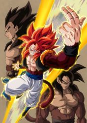 3boys bare_pectorals biceps black_footwear black_hair blue_eyes body_fur dragon_ball dragon_ball_gt from_side frown fusion fusion_dance gogeta highres male_focus metamoran_vest mocky_art monkey_boy multiple_boys muscular muscular_male no_nipples pants pectorals red_fur red_hair saiyan smirk son_goku spiked_hair super_saiyan super_saiyan_4 teeth vegeta white_pants
