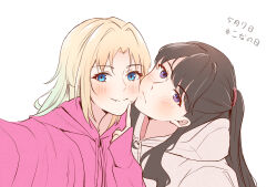 2girls black_hair blue_eyes blush cheek-to-cheek closed_mouth commentary fang fujishima_megumi half_updo heads_together highres hood hood_down hoodie index_finger_raised link!_like!_love_live! long_hair looking_at_viewer love_live! multiple_girls osawa_rurino pink_hoodie purple_eyes risai selfie sidelocks simple_background sleeves_past_wrists smile white_background white_hoodie yuri