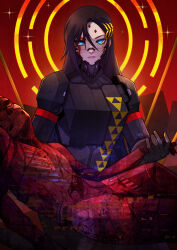 Rule 34 | 1boy, 1girl, absurdres, adler (signalis), android, armor, black hair, black skin, blood, blood on face, blue eyes, breastplate, colored skin, corpse, exposed bone, expressionless, facial mark, facing viewer, falke (signalis), forehead mark, glitch, halo, highres, laurel crown, long hair, metal skin, reverse princess carry, signalis, solo focus, xuuikie ashe