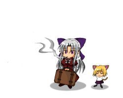 14120623 2girls :3 animal_ears arms_behind_head blonde_hair bow cat_ears cat_girl cat_tail chibi cigarette dress full_body half_updo holding long_hair long_sleeves m.u.g.e.n melty_blood multiple_girls neco-arc neco_spirit pointy_ears purple_eyes red_dress red_len short_hair simple_background skirt smile smoke smoking suitcase sweater tail tsukihime very_long_hair white_background white_hair