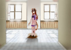 1girl =_= absurdres animal_ears bow bowtie brown_hair closed_eyes commentary_request curtains ears_down full_body green_slippers hair_between_eyes highres holding holding_paintbrush horse_ears horse_girl horse_tail kneehighs light_brown_hair light_particles multicolored_hair paint_can paintbrush pleated_skirt puffy_short_sleeves puffy_sleeves purple_bow purple_bowtie sailor_collar sailor_shirt school_uniform shadow shirt short_sleeves skirt slippers socks solo streaked_hair summer_uniform symboli_rudolf_(umamusume) tail tearing_up texture tracen_school_uniform umamusume white_sailor_collar white_skirt white_socks window wooden_floor yunekoko