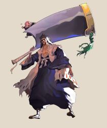 Rule 34 | 1boy, 1girl, bankai, black hair, black kimono, bleach, bleach: sennen kessen-hen, center opening, cleaver, collarbone, eyepatch, facing to the side, floating, from below, grey background, hair slicked back, haori, hieumay, highres, holding, holding cleaver, holding weapon, huge weapon, japanese clothes, kimono, kusajishi yachiru, layered clothes, long hair, long sleeves, medium hair, muscular, nose, nostrils, open clothes, open hand, over shoulder, pants, pants tucked in, pectorals, pink hair, sash, scar, scar across eye, scar on face, shihakusho, shinigami, shoe soles, simple background, spiked hair, sword, sword over shoulder, tabi, taichou haori, torn clothes, v, waraji, weapon, weapon over shoulder, wide shot, wide sleeves, zanpakutou, zaraki kenpachi