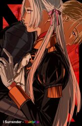 Rule 34 | 1boy, 1girl, amikoiiko, armor, ascot, black background, black hair, blonde hair, blue eyes, closed mouth, collar, collared shirt, dimitri alexandre blaiddyd, edelgard von hresvelg, english text, fire emblem, fire emblem: three houses, fringe trim, garreg mach monastery uniform, gauntlets, gloves, group name, hair ribbon, hand on another&#039;s arm, hand on another&#039;s waist, highres, hug, long hair, long sleeves, looking down, nintendo, pink lips, profile, puff and slash sleeves, puffy sleeves, purple eyes, purple ribbon, rainbow (band), rainbow text, red background, red collar, ribbon, shirt, short hair, shoulder armor, shoulder boards, song name, upper body, white ascot, white gloves, white hair, yellow collar, yellow sleeve cuffs, zig-zag pattern, zoom layer