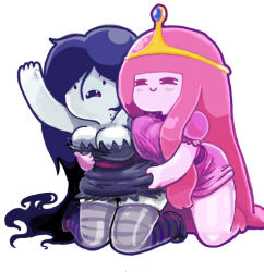 Rule 34 | 2girls, adventure time, black dress, black eyes, black hair, blush, breasts, brown shoes, cartoon network, cleavage, colored skin, dress, fangs, grabbing another&#039;s stomach, grey skin, grey thighhighs, kneeling, large breasts, long hair, marceline abadeer, multiple girls, open mouth, pink dress, pink eyes, pink hair, pink skin, pink socks, plump, poking, princess, princess bonnibel bubblegum, puffy sleeves, shoes, short sleeves, smile, socks, strapless, strapless dress, striped clothes, striped thighhighs, sukaponta, surprised, thighhighs, tiara, vampire, white background, yuri