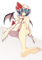 1girl absurdres ascot barefoot bat_wings bloomers blue_hair blush closed_mouth collared_shirt commentary_request feet foot_focus frilled_shirt_collar frills hat hat_ribbon highres looking_at_viewer mob_cap red_ascot red_eyes red_ribbon remilia_scarlet ribbon ribbon-trimmed_skirt ribbon_trim seika_okawari shirt short_hair sitting skirt soles solo toes touhou underwear upskirt white_shirt white_skirt wings
