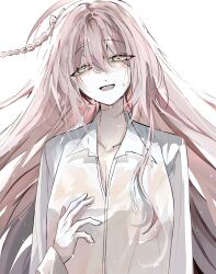 1girl blue_archive braid breasts cleavage collarbone collared_shirt engmuu_125 green_eyes hanako_(blue_archive) hanako_(swimsuit)_(blue_archive) highres long_hair official_alternate_costume oversized_clothes oversized_shirt pink_hair shirt solo upper_body wet wet_clothes wet_shirt white_shirt