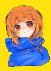 1girl blue_cloak cloak commentary_request cropped_torso expressionless from_side highres medium_hair orange_hair original rairai_(light) red_eyes solo