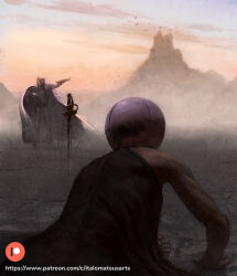 Rule 34 | 1boy, armor, berserk, bird, breastplate, cape, castle, dove, gauntlets, graphite (medium), griffith (berserk), helm, helmet, holding, holding helmet, italomateusart, long hair, patreon logo, patreon username, planted, planted sword, planted weapon, pointing, saber (weapon), shoulder armor, silhouette, sword, traditional media, watermark, wavy hair, weapon, web address, white cape, white hair
