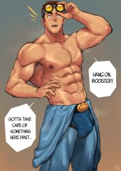1boy abs bara blue_pants brown_hair bulge chest_hair dc_comics english_text goggles goggles_on_head highres large_pectorals looking_at_viewer male_focus muscular muscular_male navel nipples open_mouth pants pectorals short_hair solo ted_kord topless_male young_justice zink_(zink_mchn)