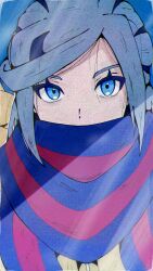Rule 34 | 1boy, absurdres, androgynous, blue background, blue eyes, blue hair, close-up, colored eyelashes, covered mouth, film grain, grusha (pokemon), highres, koto-sensei, looking at viewer, male focus, nintendo, parted bangs, pokemon, pokemon sv, scarf, solo, trap, upper body