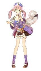 1girl 3d atelier_(series) atelier_shallie bag bare_legs belt belt_bag black_skirt blush bracelet breasts choker coat escha_malier female_focus frilled_skirt frills full_body green_eyes hat hidari_(left_side) jewelry leg_warmers legs looking_at_viewer necklace official_art open_mouth pink_hair sandals short_hair short_twintails simple_background skirt smile solo standing sweater tail toes twintails white_background