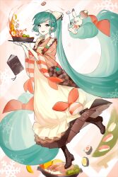 Rule 34 | &gt; &lt;, 1girl, absurdly long hair, apron, aqua eyes, aqua hair, badge, book, boots, bow, brown boots, button badge, commentary, earrings, egg (food), food, frilled apron, frills, full body, hair bow, hakama, hakama skirt, hardboiled egg, hatsune miku, highres, holding, holding food, holding ladle, holding tray, japanese clothes, jewelry, kappougi, kimono, lace-up boots, ladle, long hair, looking at viewer, lotus root, low-tied long hair, open mouth, rabbit, rabbit yukine, shrimp, skirt, smile, snowflake print, snowflakes, solo, sparkle, sushi, swept bangs, symbol-only commentary, tlseone, tray, twintails, very long hair, vocaloid, white apron, wide sleeves, yuki miku, yuki miku (2024)