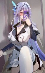 1girl absurdres blush book breasts cellphone chest_markings cosplay esdeath esdeath_(cosplay) genshin_impact hair_intakes hair_ornament highres holding holding_book jacket large_breasts long_hair long_sleeves military_jacket phone pink_eyes selfie skirk_(genshin_impact) smartphone solo white_hair white_jacket yato_(yama0x1)