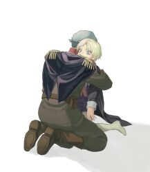 2boys aged_down blonde_hair blue_eyes boots casval_rem_deikun challia_bull child epaulettes facial_hair green_hair gundam gundam_gquuuuuux high_collar highres hug jacket kneeling long_sleeves male_focus military_jacket military_uniform multiple_boys mustache oz_0w0 shirt short_hair shorts simple_background white_background