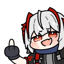 1girl :d antenna_hair arknights black_gloves commentary_request fang fingerless_gloves gloves grey_hair korean_commentary lowres mehea middle_finger multicolored_hair open_mouth outline red_eyes red_hair short_hair simple_background skin_fang smile solo streaked_hair transparent_background w_(arknights) white_outline