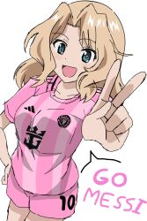 1girl :d absurdres blonde_hair blue_eyes breasts girls_und_panzer highres inter_miami_cf jersey kay_(girls_und_panzer) large_breasts lionel_messi long_hair open_mouth riokasen shorts simple_background sketch smile soccer_uniform sportswear v white_background