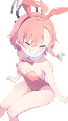 1girl ahoge animal_ears asymmetrical_bangs black_halo blue_archive bow bowtie braid detached_collar fake_animal_ears feet_out_of_frame flat_chest grin halo hazuki_mashiro highres leotard loli neru_(blue_archive) neru_(bunny)_(blue_archive) orange_hair playboy_bunny rabbit_ears rabbit_tail red_bow red_bowtie red_leotard simple_background single_braid sitting smile solo tag tail white_background