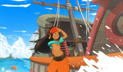1girl absurdres accidental_exposure aqua_shirt baggy_pants bandana black_hair blue_sky breasts brown_eyes character_request cloud cloudy_sky commentary dark-skinned_female dark_skin day earrings elaine_narrowsmith english_commentary fish groin heart heightes highres hoop_earrings horizon jewelry long_hair missing_tooth mountainous_horizon navel nipples no_bra no_panties ocean orange_pants outdoors pants pirate pirate_ship pointy_ears red_bandana sailing_ship ship shirt sky small_breasts solo_focus standing t-shirt wakfu wardrobe_malfunction water watercraft wind wind_lift