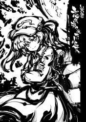1girl backpack bag beads collar cowboy_shot crossed_arms dress frilled_collar frills greyscale hair_beads hair_ornament igarashi_tsukiyo_(tukiyo320) kawashiro_nitori long_sleeves looking_at_viewer medium_hair monochrome smile smug solo tokiame touhou twintails visor_cap