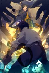 3boys aura battle black_hair black_kimono black_pants cowboy_shot ear_piercing echo_(circa) facing_another facing_away fighting_stance getou_suguru hair_bun hair_pulled_back holding holding_sword holding_weapon inumaki_toge jacket japanese_clothes jujutsu_kaisen katana kimono long_hair long_sleeves male_focus monster multiple_boys okkotsu_yuuta open_hands orimoto_rika out_of_frame pants piercing single_hair_bun smile spoilers standing sword unconscious weapon white_jacket wide_sleeves