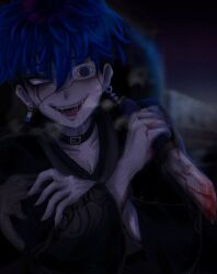 1boy blood bloody_knife bloody_weapon blue_eyes blue_hair blush bridge_piercing collar collarbone drooling ear_piercing eyepatch face_piercing hair_between_eyes highres knife lip_piercing looking_at_viewer male_focus omokage_yugamu one_eye_covered open_mouth piercing saliva solo solo_focus the_hundred_line_-last_defense_academy- upper_body weapon