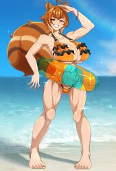 1girl abs animal_ears beach bikini blazblue blue_sky breasts brown_eyes brown_hair huge_breasts looking_at_viewer makoto_nanaya ocean sand short_hair siu_tyler sky smug squirrel_ears squirrel_tail sunlight swimsuit tail teeth water