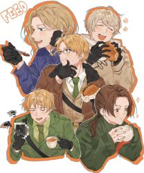 5boys america_(hetalia) armband axis_powers_hetalia steamed_bun black-framed_eyewear black_gloves blonde_hair blue_eyes blue_jacket blush brown_coat brown_eyes brown_hair brown_jacket bun_(food) burger censored china_(hetalia) closed_eyes closed_mouth coat collared_jacket collared_shirt cup eating facial_hair food food_on_face france_(hetalia) fur-trimmed_jacket fur_trim glasses gloves green_necktie green_shirt grey_hair half-closed_eyes hand_on_own_face hands_up highres hkym_kk holding holding_burger holding_cup holding_food holding_spoon jacket lapels long_hair looking_at_food male_focus military_jacket military_uniform mosaic_censoring multiple_boys necktie open_clothes open_jacket open_mouth ponytail red_armband russia_(hetalia) scarf semi-rimless_eyewear shadow shirt short_hair simple_background smile sparkle spoon tea teeth united_kingdom_(hetalia) upper_body white_background white_scarf white_shirt
