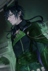 Rule 34 | 1boy, black hair, closed mouth, eyeshadow, from side, green eyes, green eyeshadow, highres, horns, indoors, jacket, long hair, looking ahead, makeup, male focus, malleus draconia, minatoya mozuku, solo, twisted wonderland, upper body