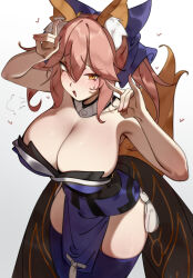 1girl absurdres animal_ear_fluff animal_ears bare_shoulders blue_bow blue_kimono blue_thighhighs blush bow breasts cleavage deko_morii detached_collar fate/extra fate_(series) fox_ears fox_girl fox_tail hair_between_eyes hair_bow highres japanese_clothes kimono large_breasts long_hair looking_at_viewer obi open_mouth pink_hair sash sidelocks smile solo tail tamamo_(fate) tamamo_no_mae_(fate/extra) thighhighs thighs twintails yellow_eyes