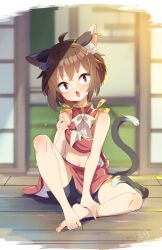 &lt;|&gt;_&lt;|&gt; 1girl :3 ahoge animal_ear_piercing animal_ears artist_logo barefoot bike_shorts bow brown_hair cat_ears cat_girl cat_tail chen clothes_lift commentary fangs hand_on_own_ankle highres hot ibaraki_natou knee_up logo miniskirt navel nekomata open_mouth red_eyes red_shirt red_skirt shirt shirt_lift short_hair shouji sitting skirt sleeveless sleeveless_shirt sliding_doors solo sweat tail touhou twitter_username white_bow wooden_floor