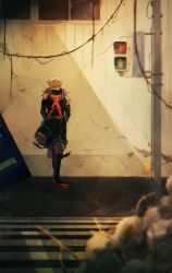Rule 34 | 1boy, bakugou katsuki, bare shoulders, belt, black pants, blonde hair, boku no hero academia, boots, commentary request, crosswalk, detached sleeves, green belt, hair between eyes, highres, knee pads, looking to the side, male focus, outdoors, pants, rubble, ryo (piggerworld), short hair, sideways glance, solo, spiked hair, standing, standing on one leg, superhero costume, utility pole, v-neck, vending machine, window