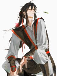 1boy absurdres ahoge bishounen black_boots black_hair black_hanfu boots brown_eyes chinese_clothes grey_pants hair_between_eyes hair_ribbon hanfu highres leaf_in_mouth long_hair long_sleeves looking_to_the_side male_focus modao_zushi mouth_hold pants parted_lips ponytail red_ribbon ribbon seal_impression shenzhang10011 sidelocks simple_background smile solo squatting tunic wei_wuxian white_background