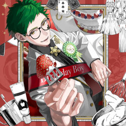 Rule 34 | 1boy, birthday, brown eyes, cake, chikuwa glasses, commentary request, food, formal clothes, glasses, green hair, highres, looking at viewer, male focus, red background, red sash, sash, short hair, solo, suit, toothbrush, toothpaste, trey clover, twisted wonderland, white suit
