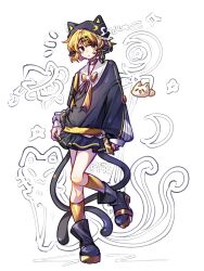 1girl animal_hat bilibili_385617619 black_skirt blonde_hair boots bow bowtie cat cat_hat cat_tail chinese_commentary collar commentary_request doodle_inset full_body gem hair_between_eyes hair_ornament hairclip hat heterochromia highres indie_virtual_youtuber kaofish leg_up long_bangs long_sleeves metal_collar moon_(symbol) pulling_own_clothes red_eyes school_uniform signature simple_background skirt sleeves_past_wrists socks solo standing tail white_background yellow_bow yellow_bowtie yellow_eyes yellow_socks