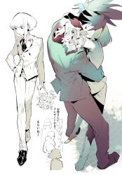 2boys arms_around_neck arms_around_waist black_suit blazer bouquet buttons double-breasted flower formal_clothes galo_thymos hand_on_own_hip highres holding holding_bouquet hug jacket kiss km_(ksolee1201) lio_fotia looking_down male_focus mohawk monochrome multiple_boys multiple_views necktie pants promare shoes short_hair sketch suit white_jacket white_suit yaoi