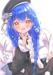 absurdres amamiya_kokoro angel_wings bell beret blue_hair blush braid commentary fang hair_bell hair_between_eyes hair_ornament happy hat highres holding looking_at_viewer matcha_november nijisanji open_mouth skin_fang virtual_youtuber wings x_hair_ornament yellow_eyes