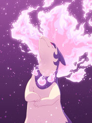 1girl animal_ears artist_name backlighting body_fur closed_mouth creatures_(company) embers female_focus fire furry furry_female game_freak half-closed_eyes highres hisuian_typhlosion lemonade_kokoi looking_up nintendo own_hands_together pink_eyes pink_fire pokemon pokemon_(creature) purple_background purple_fur purple_theme signature simple_background solo twitter_username two-tone_fur yellow_fur