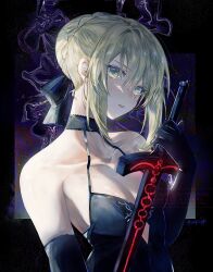 1girl artoria_pendragon_(fate) bare_shoulders black_choker black_dress black_gloves blonde_hair breasts bun_with_braided_base choker collarbone dress elbow_gloves excalibur_morgan_(fate) fate/grand_order fate_(series) gloves hair_bun halter_dress halterneck highres holding holding_sword holding_weapon medium_breasts nigiri parted_lips saber_alter saber_alter_(final_ascension) sidelocks single_hair_bun solo sword twitter_username upper_body weapon yellow_eyes