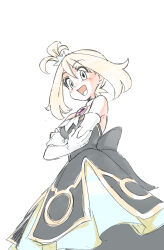 1girl :d absurdres black_dress brown_hair crossed_arms dress elbow_gloves gloves hair_between_eyes highres looking_at_viewer may_(champion)_(pokemon) may_(pokemon) nintendo official_alternate_costume open_mouth pokemon pokemon_masters_ex short_hair sleeveless sleeveless_dress smile solo u4_99384295 white_background white_gloves