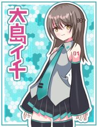 Rule 34 | 1girl, braid, breasts, brown hair, crossover, detached sleeves, half up braid, hatsune miku, heaven burns red, highres, long hair, necktie, ooshima ichiko, shake (pixiv 75845198), sleeveless, solo, thighhighs, twintails, vocaloid, yellow eyes
