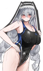 1girl absurdres arknights blush bow braid breasts cleavage commentary_request competition_swimsuit grey_hair hand_on_own_hip highres large_breasts long_hair looking_at_viewer one-piece_swimsuit paid_reward_available red_eyes simple_background smile solo specter_(arknights) sunaneko swimsuit twin_braids veil wet white_background